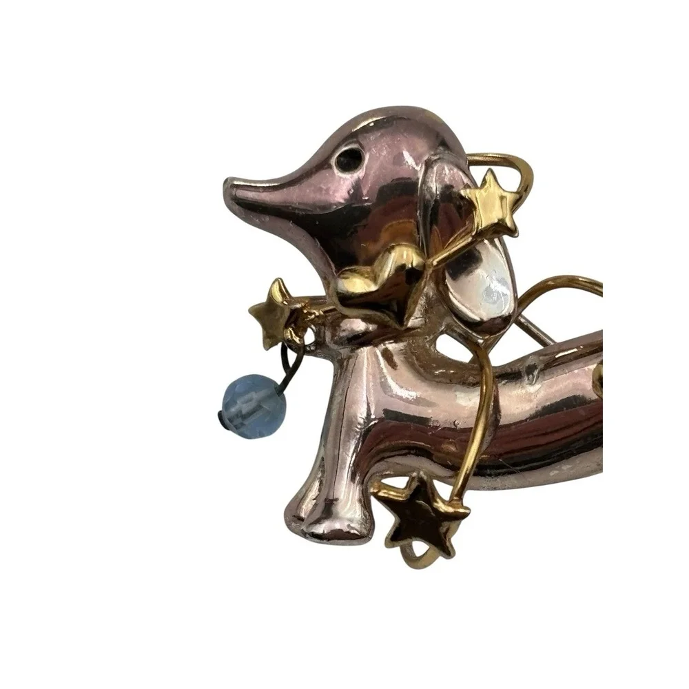 Vintage Signed Silver Tone Dachshund Dog Gold Tone Star Heart Wrap Brooch Pin